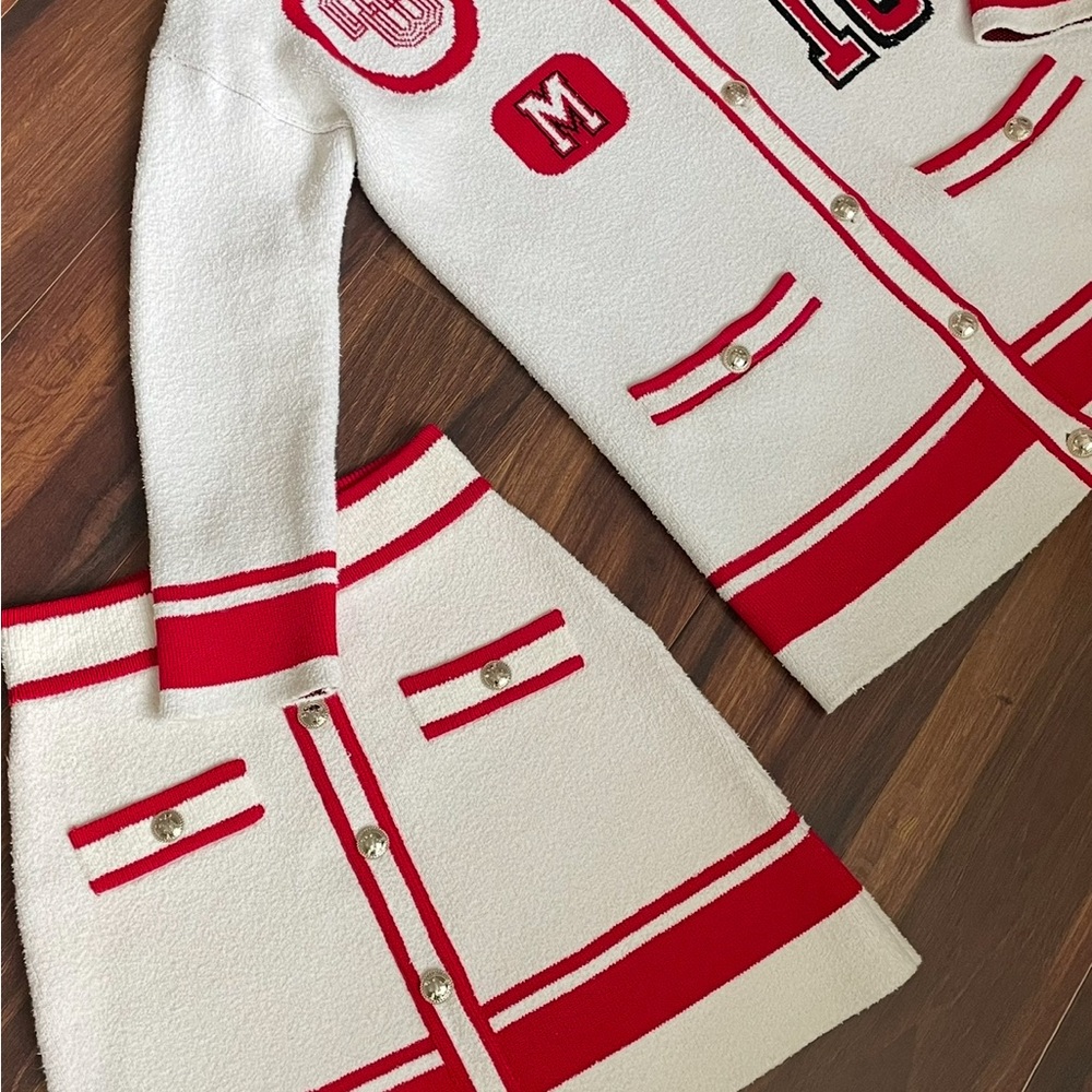 Maje Red and White Knit Cardigan and skirt top size 3, skirt size 36 - Picture 3 of 10